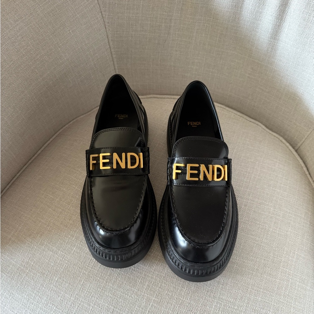 Fendi Black Loafers with Gold Lettering
